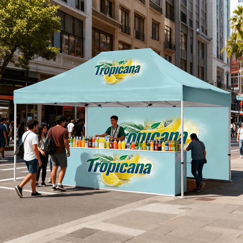 Spacious 10x15 promotional tent with branded canopy for vendor events, exhibitions, and outdoor campaigns