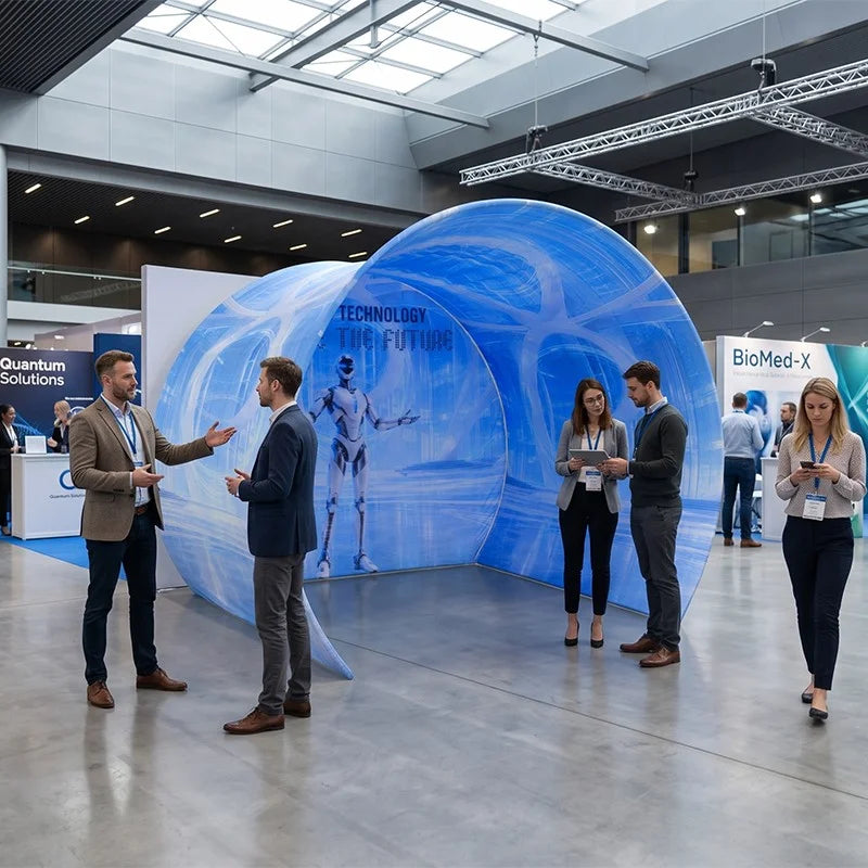 Fabric photo booth enclosure with semi-private curved design for exhibitions, weddings, parties, and events.