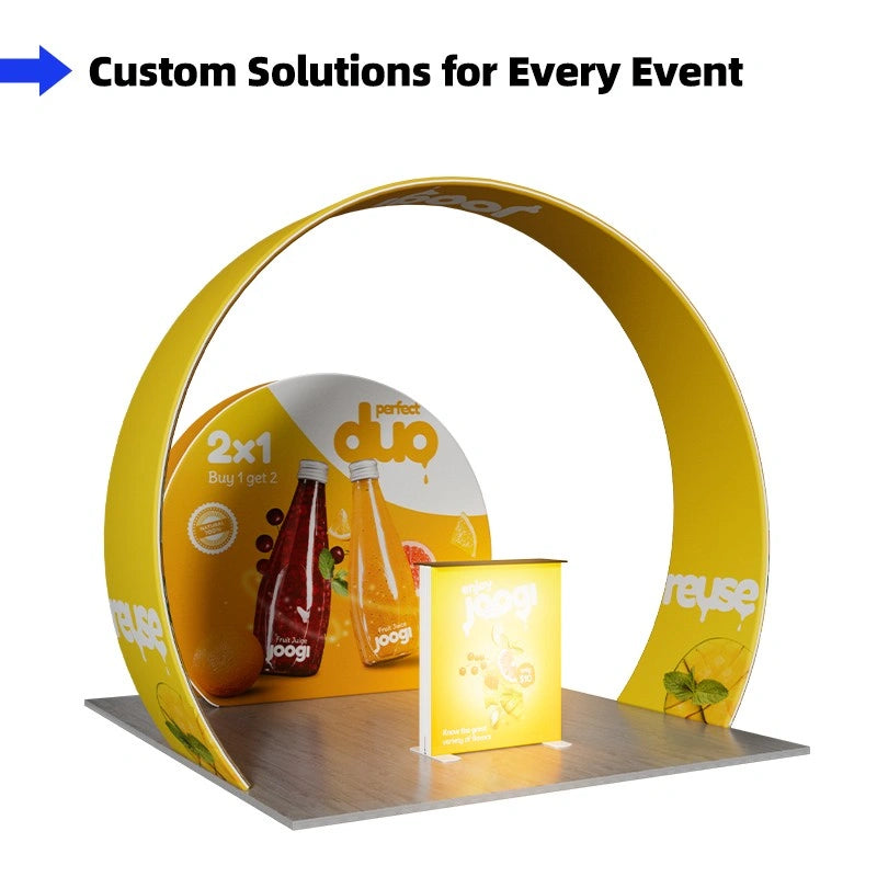 Front view of 10x10 exhibition booth D2 with flame-retardant tension fabric display