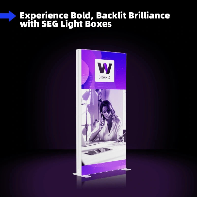 Tall SEG light box showcasing illuminated fabric graphics