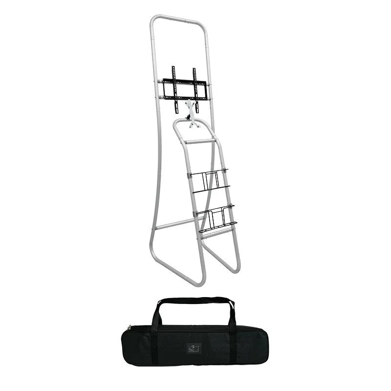 TV and tablet promotional stand featuring a vertical fabric graphic display