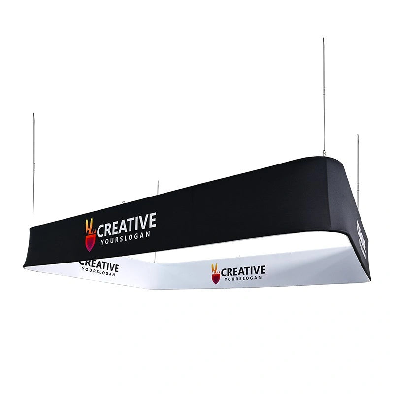 Rectangle hanging sign suspended above trade show booth