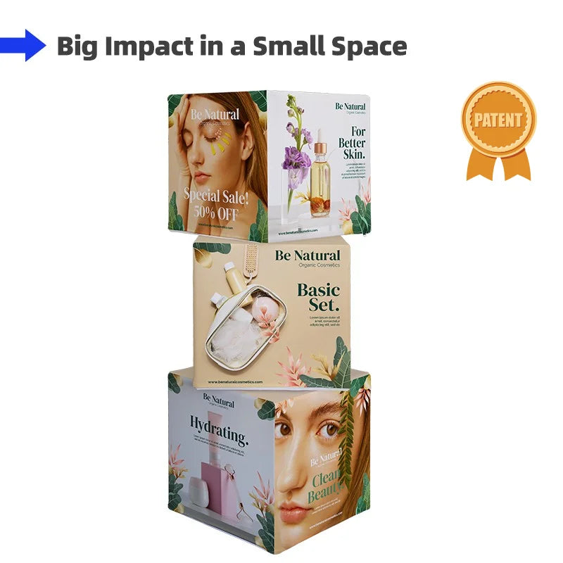 Rotating 3D Fabric Cube Display with four-sided custom graphics for trade shows, exhibitions, and retail spaces