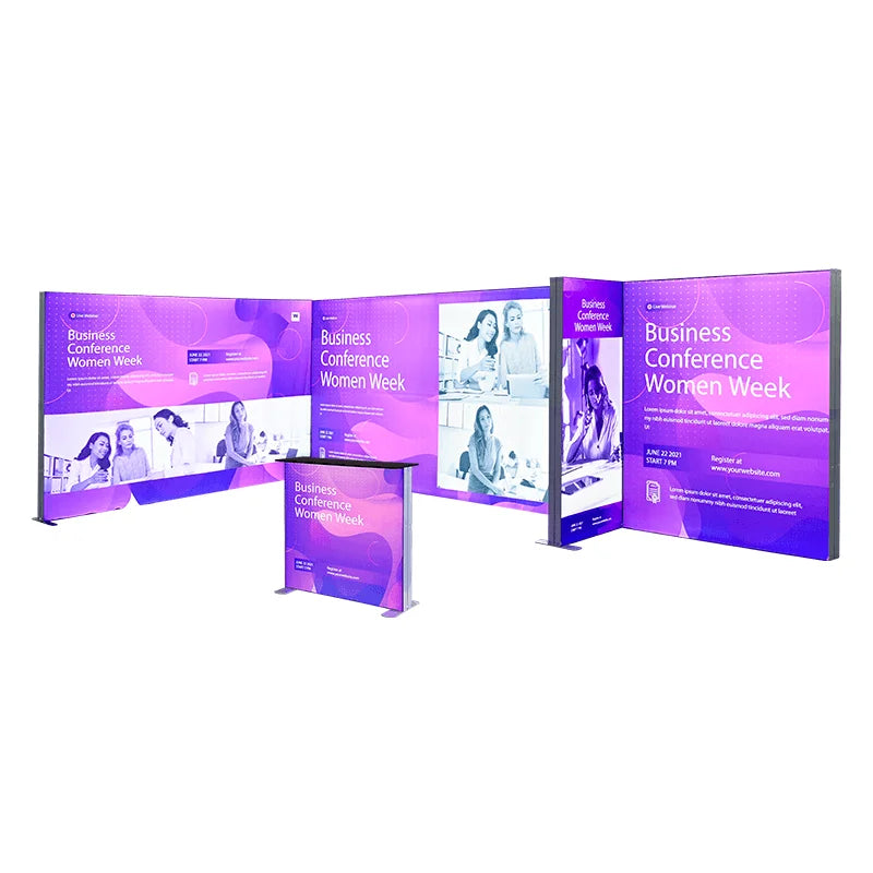 10ft modular trade show lightbox backdrop with custom brand graphics