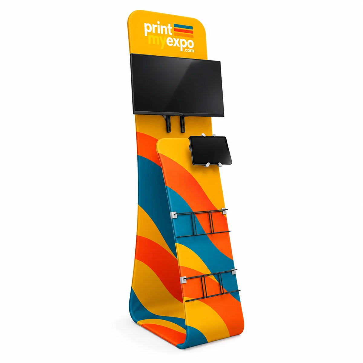PrintMyExpo TV and Tablet Literature Stand with custom branding and multimedia display features