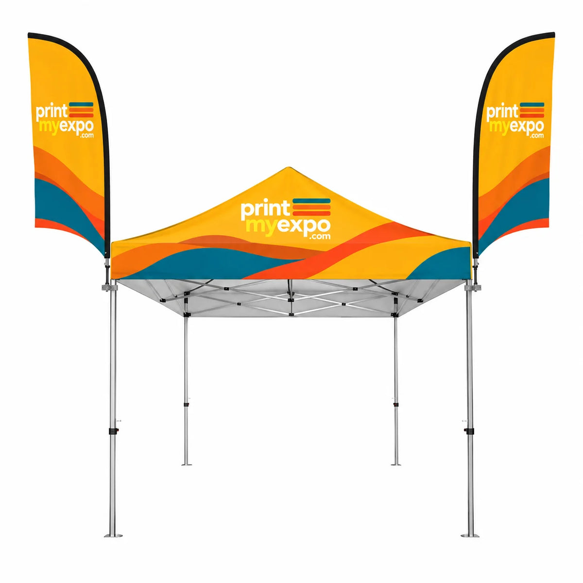PrintMyExpo Tent Feather Flag with custom graphics for canopy displays, trade shows, festivals, and outdoor events.