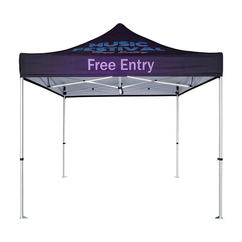 Custom 10x10 LED canopy tent with branded graphics for trade shows, festivals, and outdoor promotions.