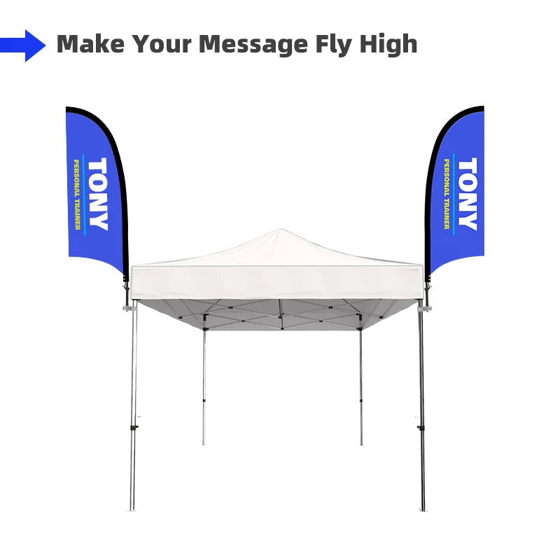 Custom Tent Feather Flag mounted to a canopy leg for elevated branding at trade shows and outdoor events.