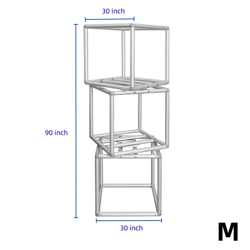 Three-tier rotating fabric cube display with multi-sided graphics for maximum brand visibility
