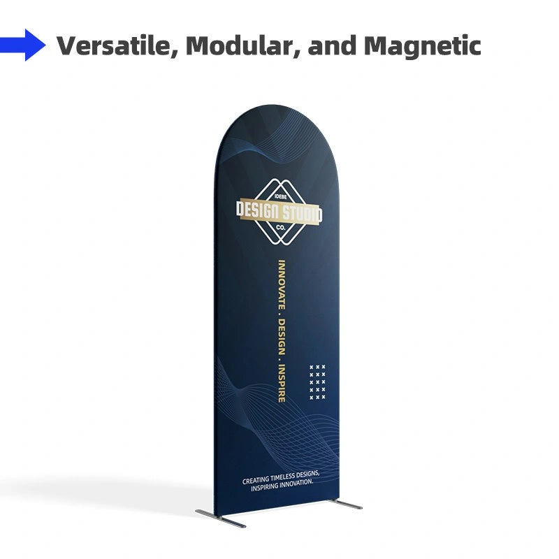 Front view of magnetic arch fabric banner stand with smooth tension fabric