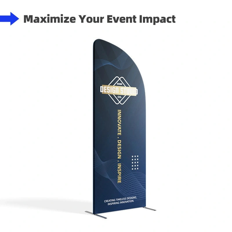 Front view of magnetic slope banner stand 2 for trade shows