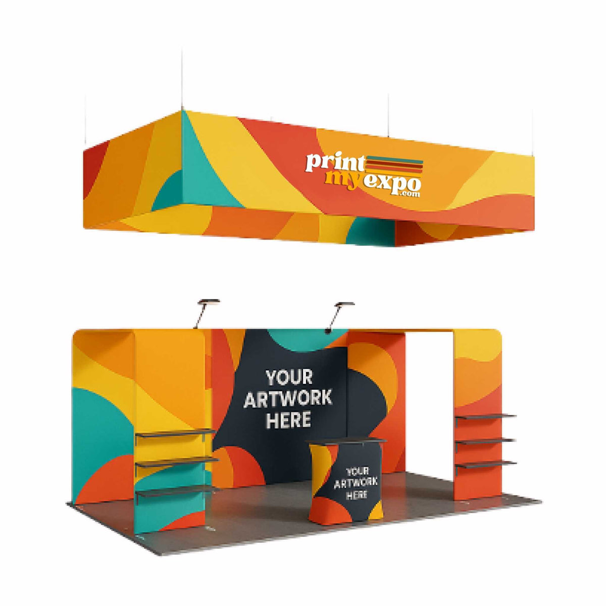 Complete exhibition booth kit with branded displays, counters, and modular event components