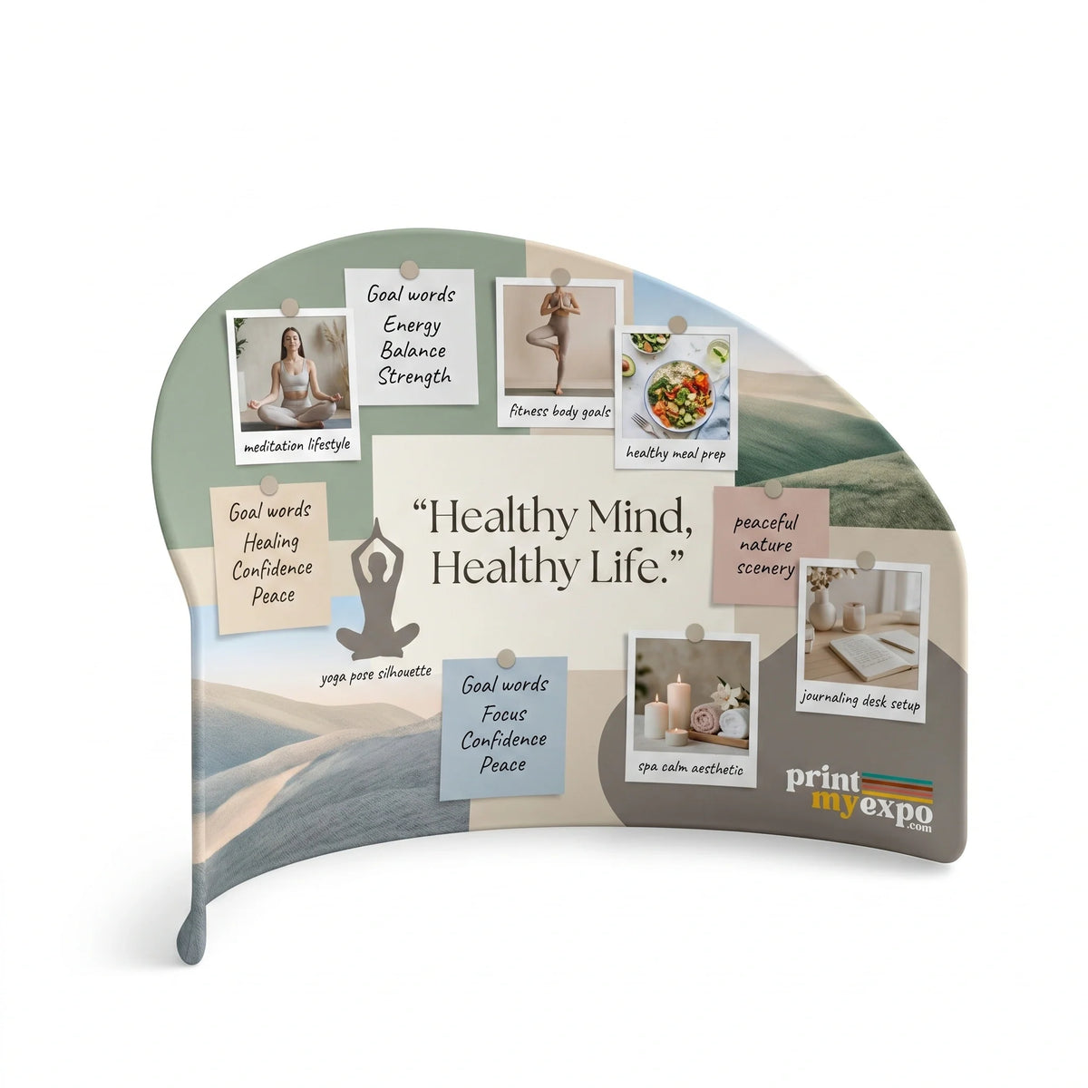 Custom personalized vision board featuring wellness goals meditation, fitness, healthy eating & mindfulness quotes, by PrintMyExpo