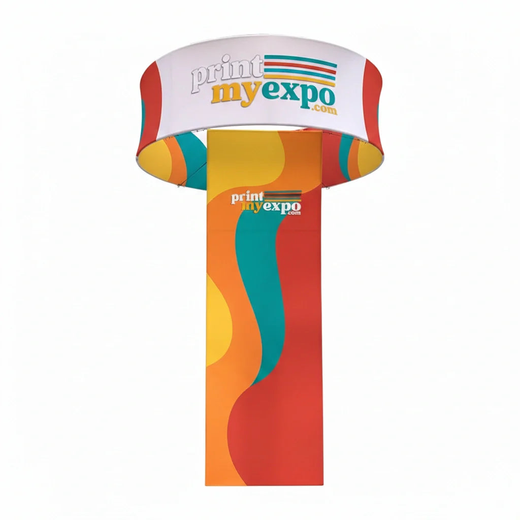 Custom circular hanging trade show sign with branded graphics and central display panel for exhibition booths
