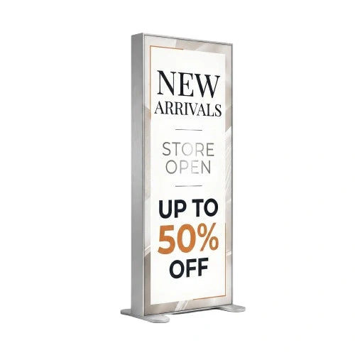 Freestanding custom retail display stand with promotional sale signage perfect for storefronts, new arrivals & product promotions by PrintMyExpo