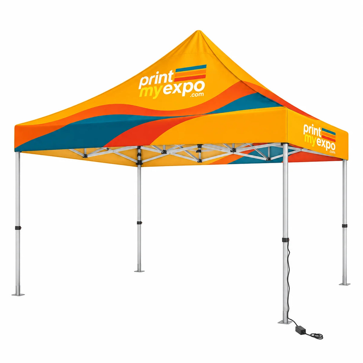 PrintMyExpo 10x10 Lighted Canopy Tent with custom graphics and integrated LEDs for branded event spaces.