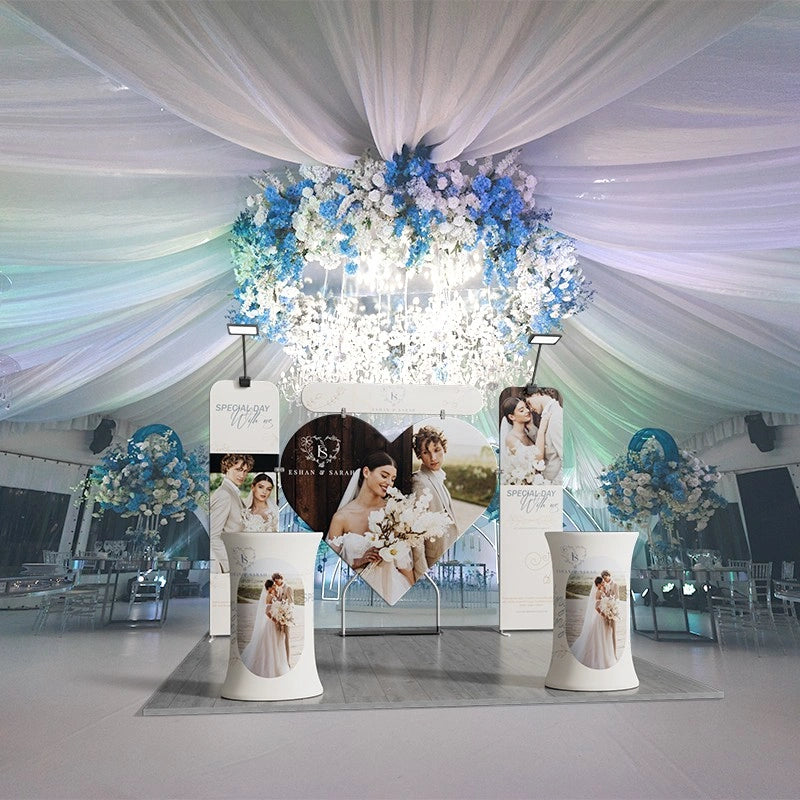 Side angle view of 10x10ft trade show booth kit D1 setup
