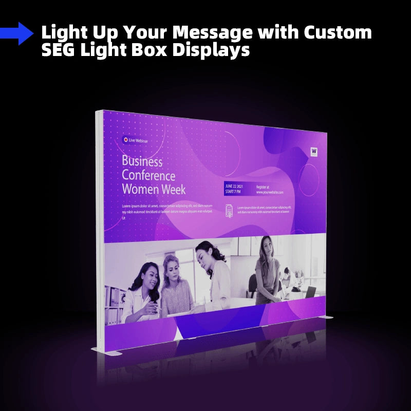 “Front view of 10x7.4 ft SEG light box with custom printed flame-retardant backlit fabric”
