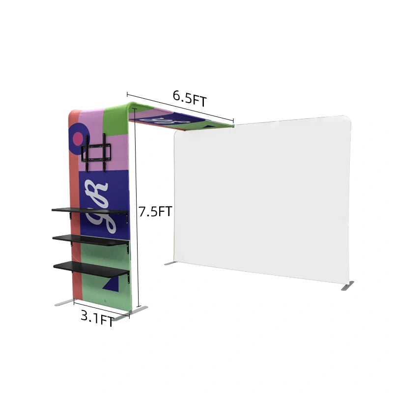 L-shaped multimedia display with custom branding, product shelf, and TV rack for retail activations and events