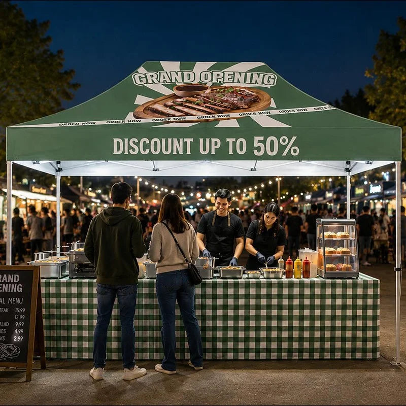 Lighted 10x15 event canopy with custom printed graphics and integrated overhead LED illumination.
