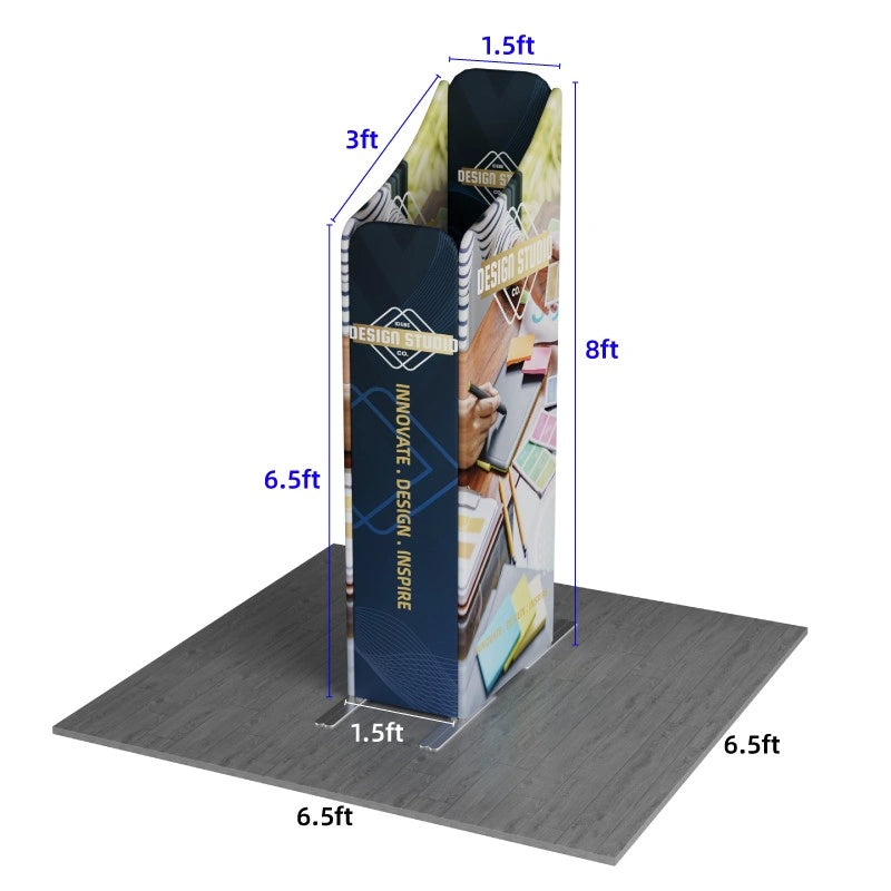 3D model of a trade show booth with dimensions labeled on a white background