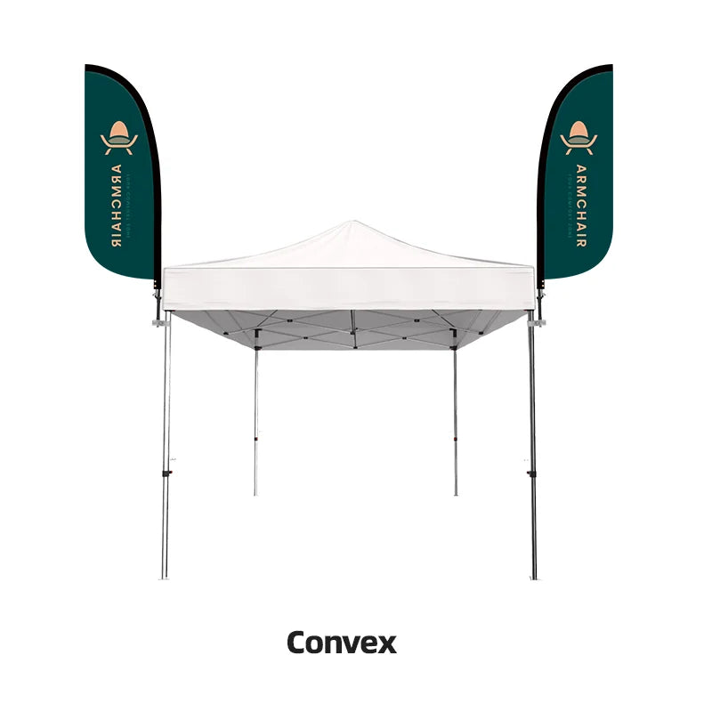 Custom feather flag attached directly to a canopy tent for increased visibility across busy event spaces.