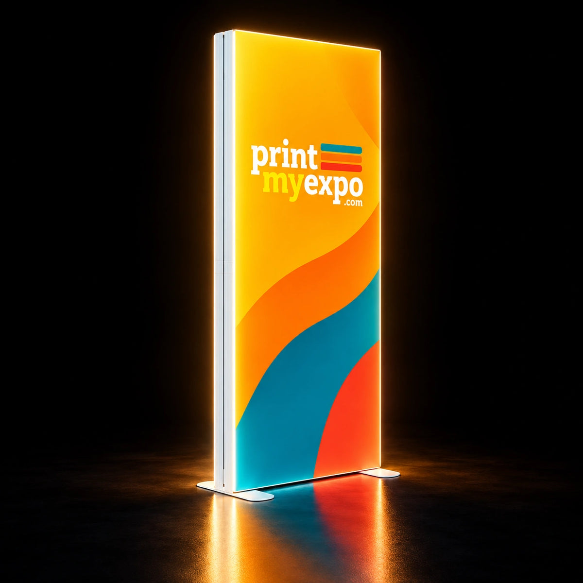 2.8x8.2ft SEG Backlit Light Box Display featuring luminous PrintMyExpo branding in a slim vertical format designed for standout trade show visibility.