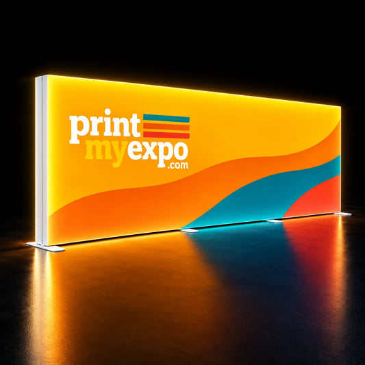 16.4x8.2ft SEG Backlit Light Box Display with brilliant full-width illumination and signature PrintMyExpo graphics, creating a striking large-format backdrop for exhibitions and events.