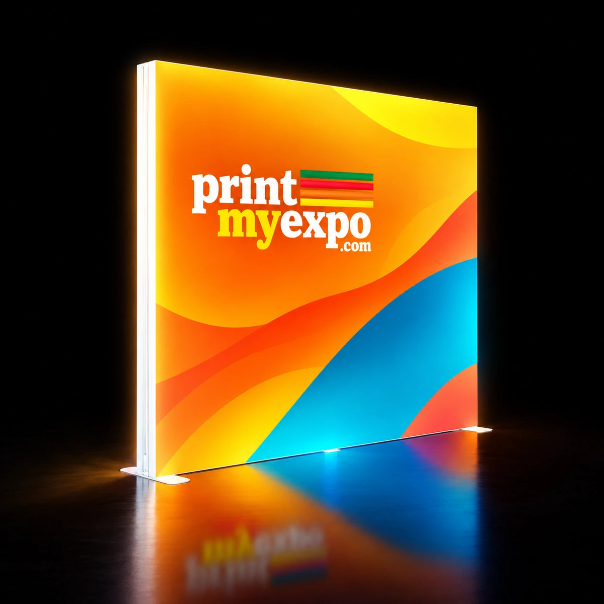 Bold color meets seamless illumination on the 6.6x6.6ft SEG Backlit Light Box Display, creating a striking PrintMyExpo branded backdrop.