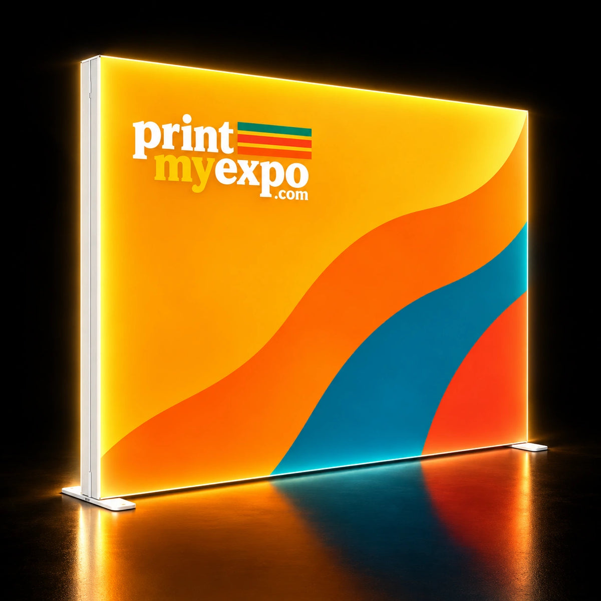 10x8.2ft SEG Backlit Light Box Display with illuminated PrintMyExpo branded fabric graphic and aluminum frame on black background.
