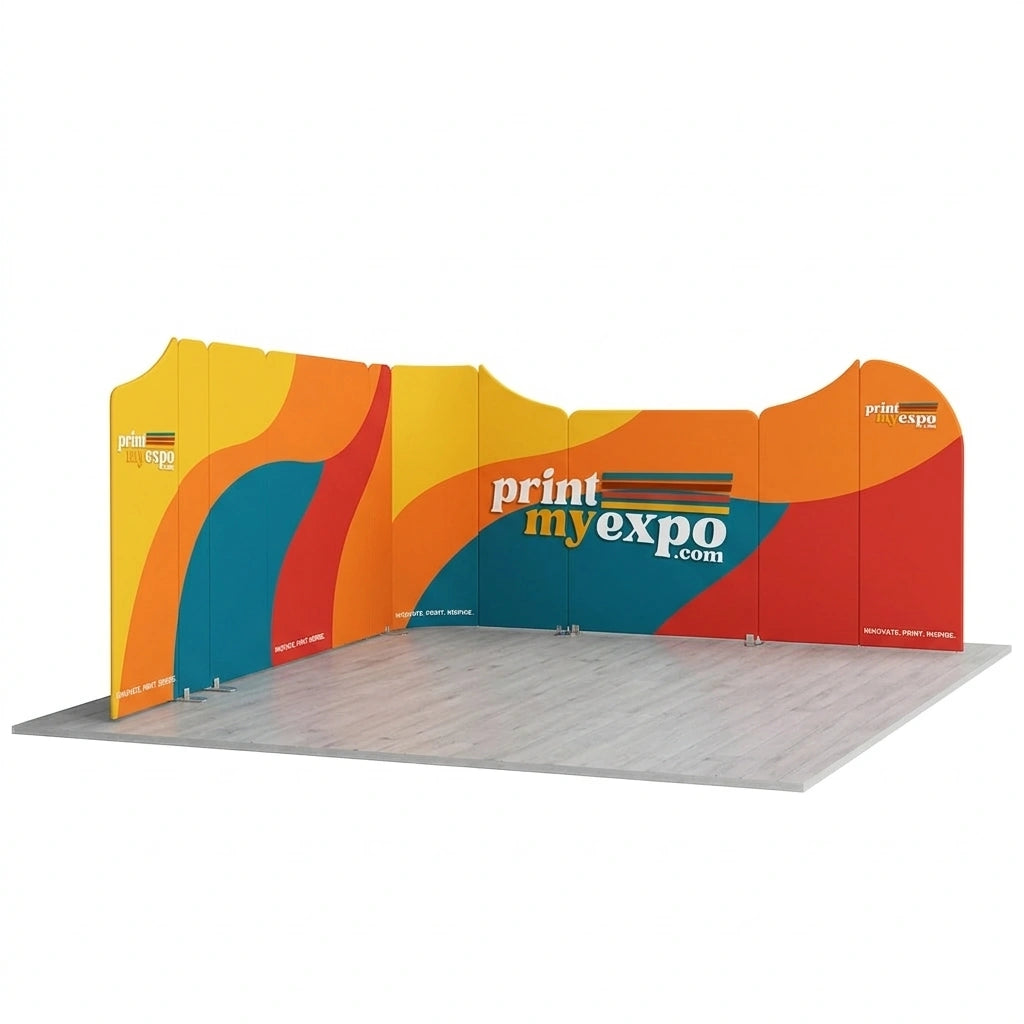 16.4x16.4 magnetic modular fabric trade show booth with L-shaped island layout