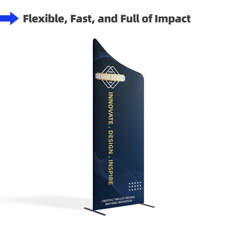 Front view of magnetic concave slope banner stand for trade shows
