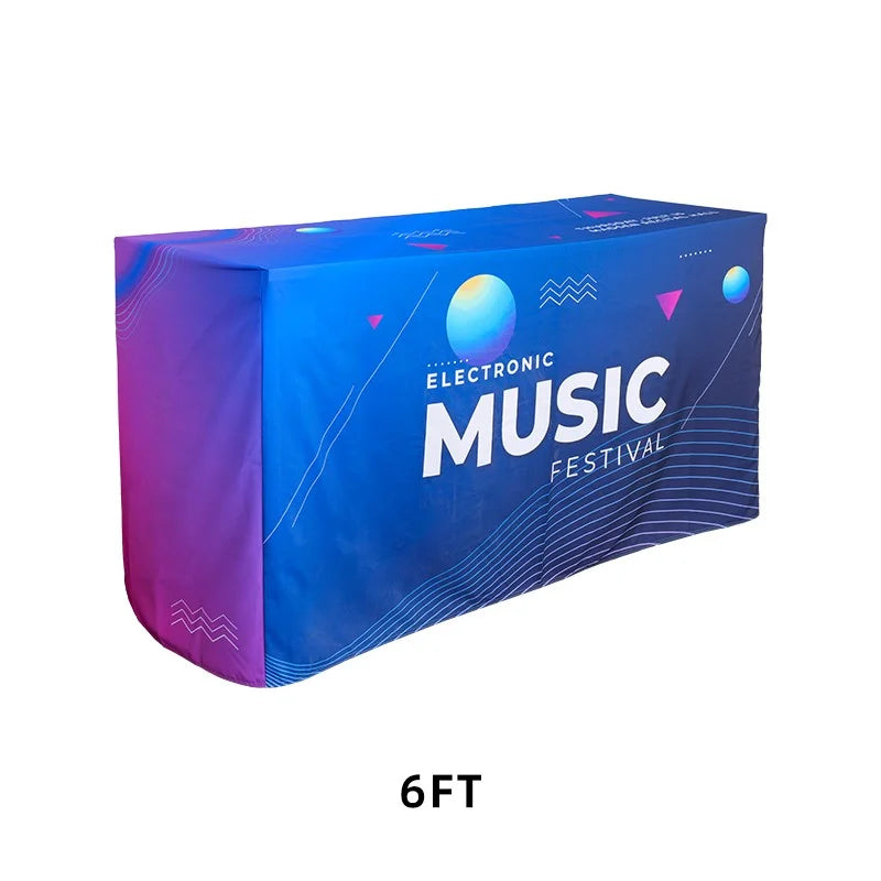 Portable folding table with custom fitted cover for professional branded event displays